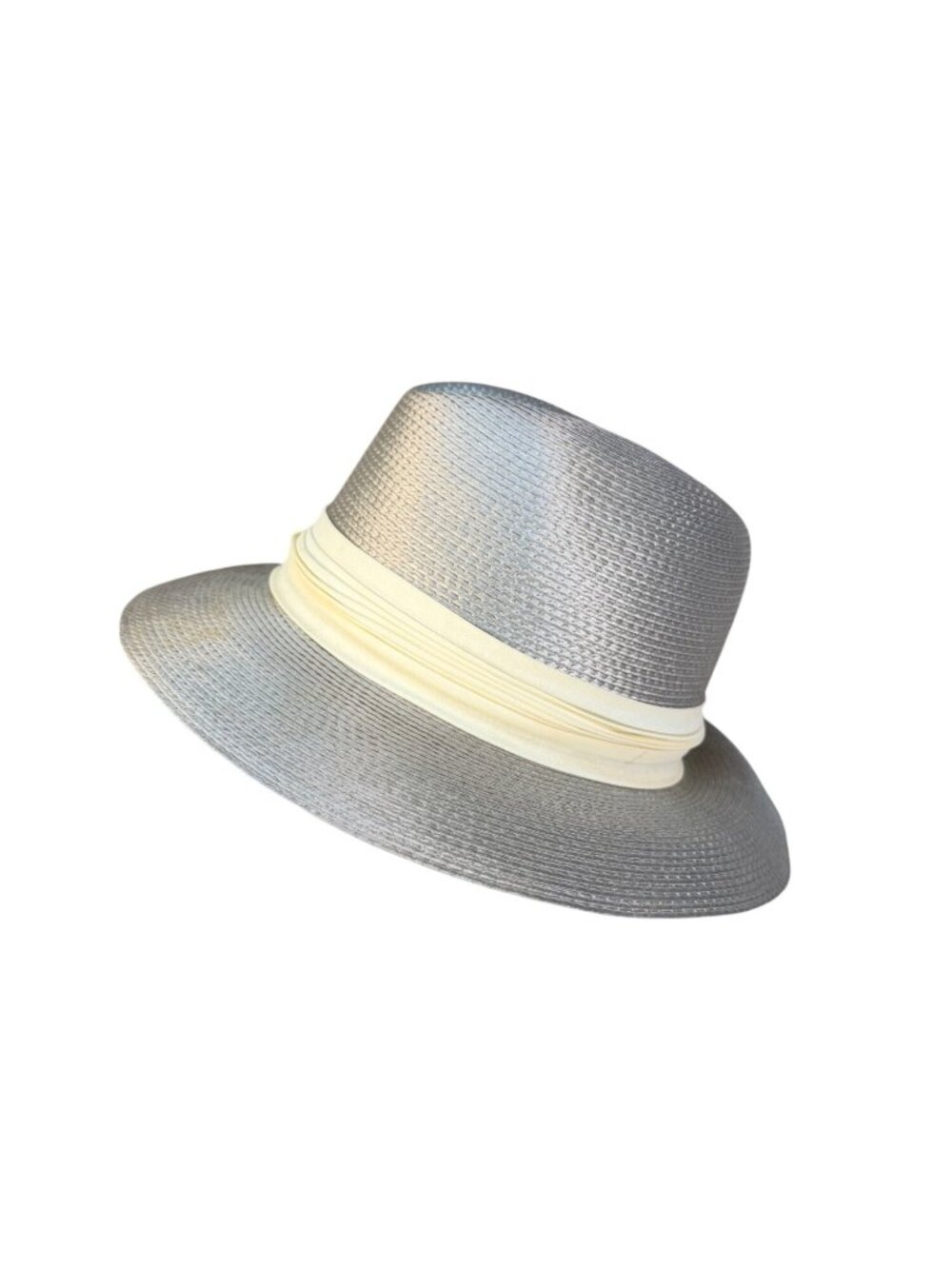 Silver Gray Womens Woven Straw Fedora With Cream Ribbon Accent Summer Hat